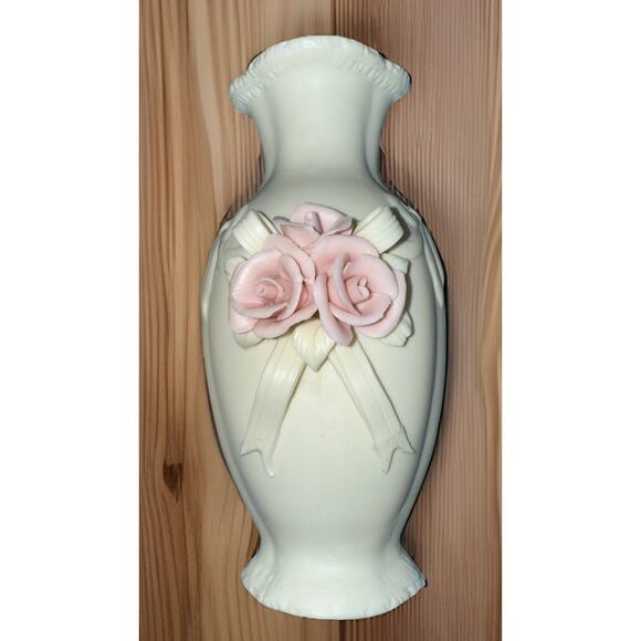 Vintage Porcelain Wall Vases Pair Pink Roses & Ribbon 7” Ivory Ceramic Floral - Picture 4 of 6